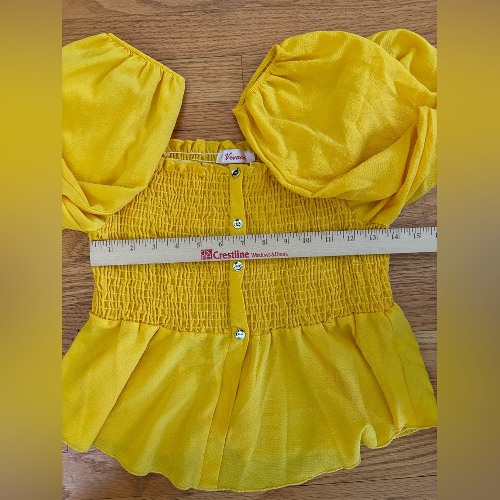 Vivace Blouse Women’s 2XL Yellow Crop Faux Buttons Ruched Long Sleeve Top Causal - Picture 4 of 6
